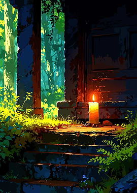 Candlelit Ruins in a Lush Forest