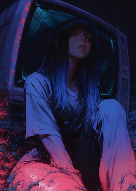 Girl with TV in Dark Setting