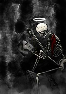 Praying Skeleton with Halo and Masked Figure