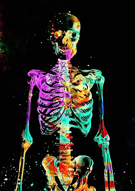 Colorful Watercolor Skeleton on Black Background