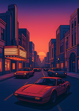 Retro Cars on City Street at Sunset