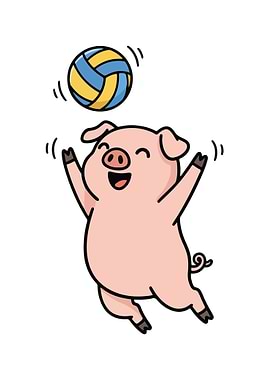 Cartoon Pig Playing Volleyball Illustration