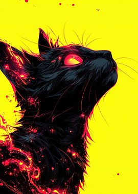 Fiery Black Cat on Yellow Background