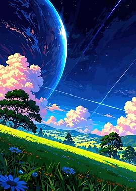 Anime Landscape with Planet and Flowers