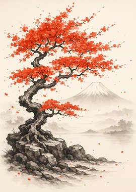 Japanese Landscape with Red Tree and Mountain