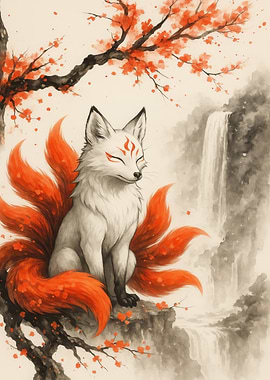 Nine-tailed Fox by Waterfall