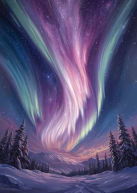 Aurora Borealis over Snowy Landscape Painting