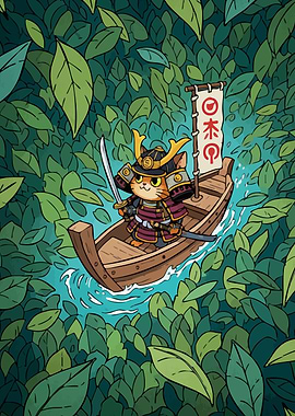 Samurai Cat Boat Leaves