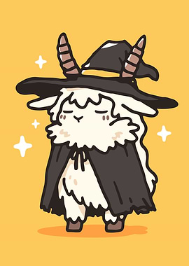 Cartoon Goat Witch on Yellow Background