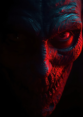 Creepy Monster Face in Red and Blue