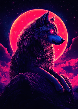 Neon Wolf with Red Moon