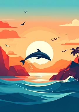 Dolphin jumping at sunset