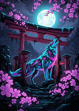 Neon Wolf Howling Moon