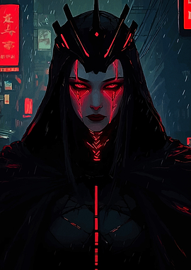 Cyberpunk Queen in Rainy Cityscape