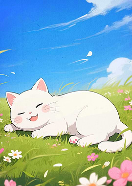 Sleeping White Cat in a Meadow