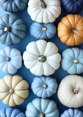 Pastel Pumpkins on Blue Background | Elegant Fall Poster