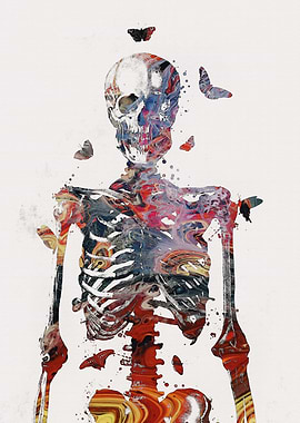Colorful Skeleton with Butterflies Art