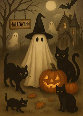 Halloween Ghost with Cats and Pumpkins