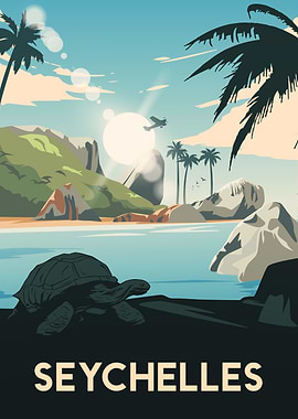 Seychelles Travel Poster with Turtle and Plane