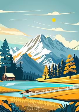 Mountain Landscape with Cabin and Lake