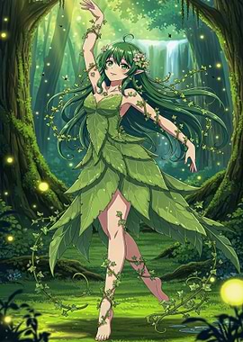Anime Elf in Forest Leaf Dress