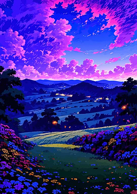 Vibrant Landscape with Flowers and Mountains