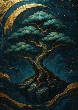 Golden Tree on Teal Abstract Background