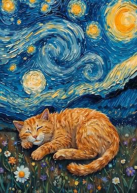 Orange Cat Sleeping Starry Night