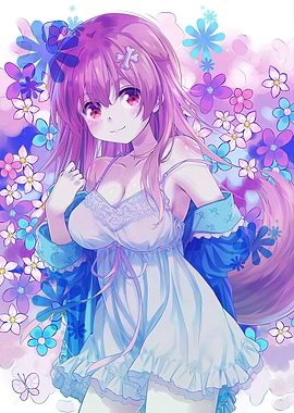 Anime Girl in Nightgown with Floral Background