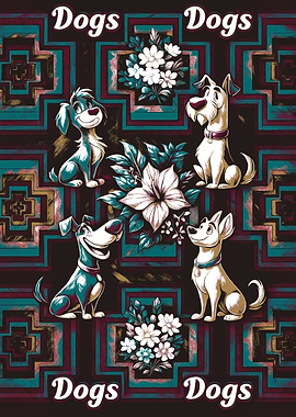 Cartoon Dogs and Flowers Pattern