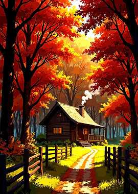 Autumn Cabin in the Woods
