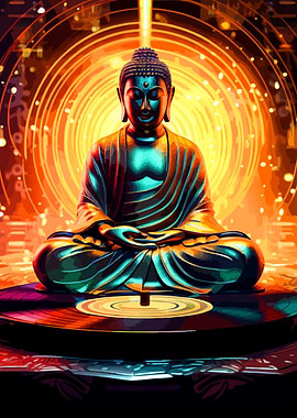 Buddha statue on vinyl record art