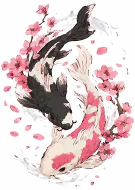 Koi Fish and Cherry Blossoms Art