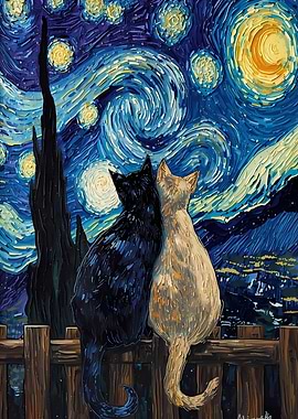 Cats under Starry Night painting