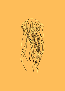Minimalist Jellyfish Line Art on Orange