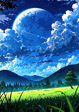 Anime Landscape with Moon and Clouds