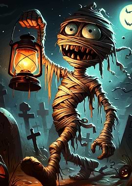 Cartoon Mummy with Lantern in Graveyard