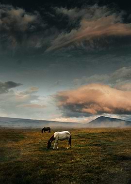 Horses Grazing in a Moody Landscape