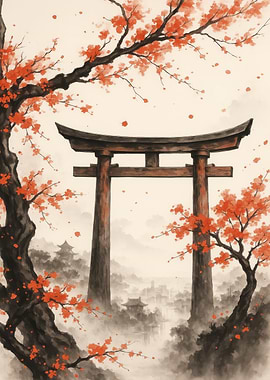 Japanese Torii Gate with Cherry Blossoms