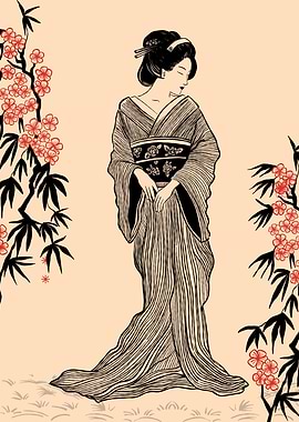Geisha in Kimono with Cherry Blossoms