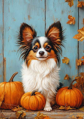 Papillon with Pumpkins and Autumn Leaves | Fall Dog Portrait
