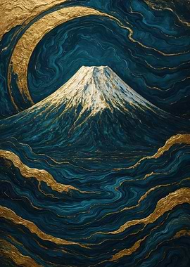 Mount Fuji Gold and Teal Abstract