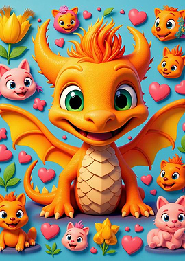 Cute Cartoon Dragon with Kittens