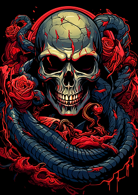 Skull, Snake, and Roses Illustration