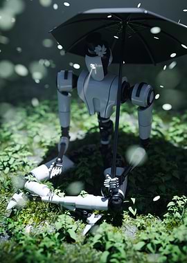 Robot with Umbrella in Greenery