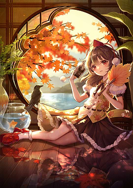 Anime Girl with Autumn Leaves and Crow
