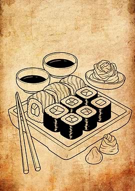 Sushi platter illustration on textured background