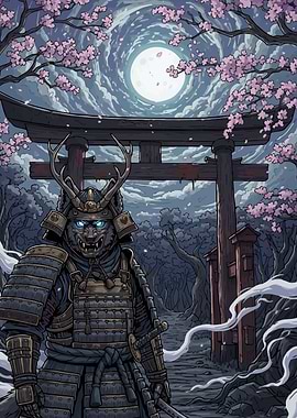 Wolf Samurai Cherry Blossoms