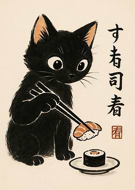 Black cat eating sushi