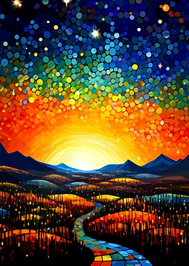 Colorful Landscape with River and Stars